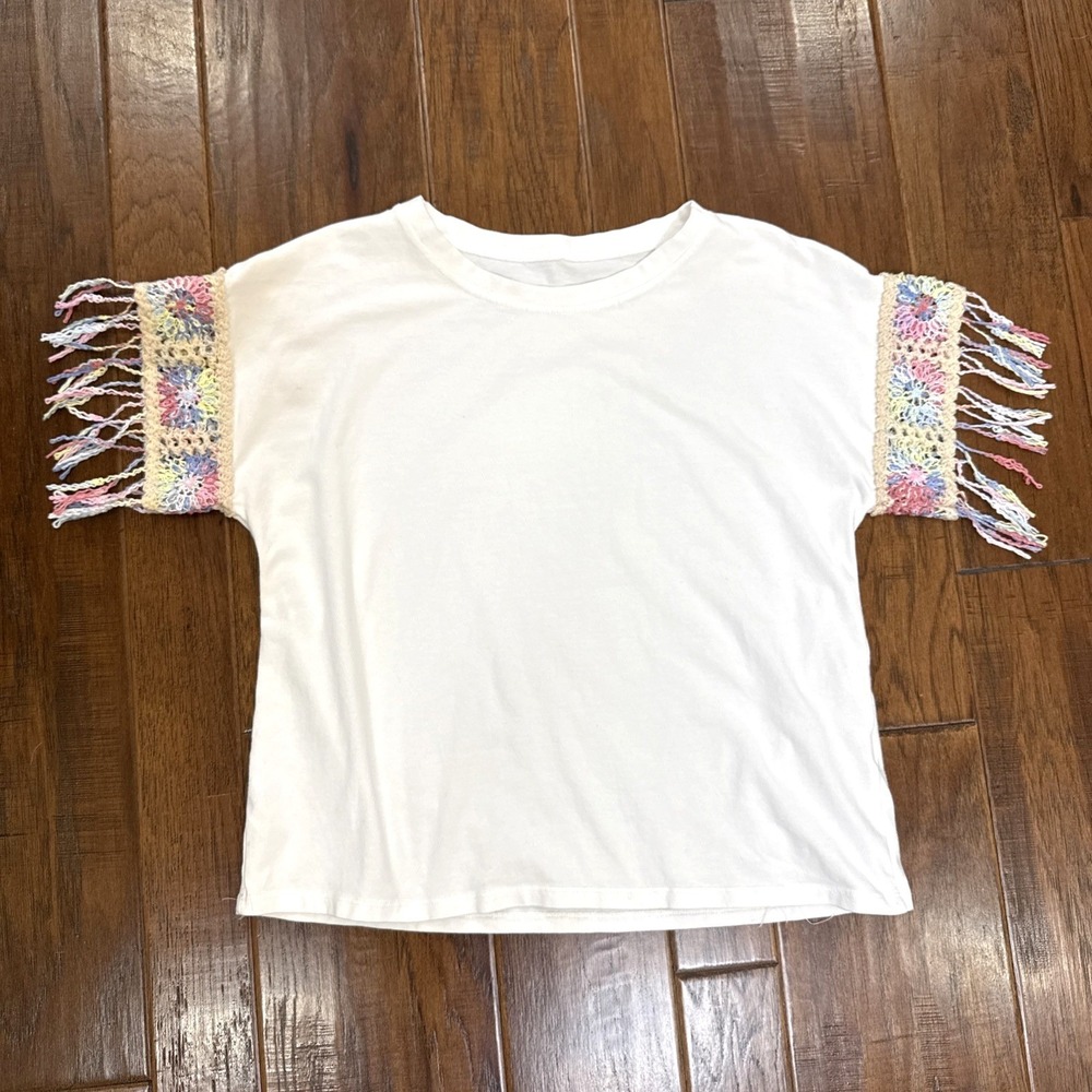 Crochet Granny Square Sleeve Crop T‎ Shirt M White Boho Cottage Coastal Grandma